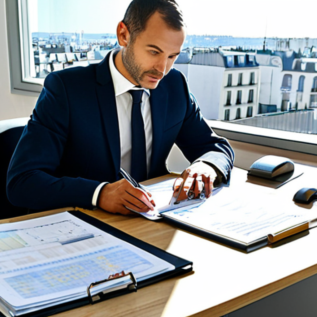 Modern Accounting Office**

"A bright and modern accounting office in Paris, France. A fully clothed, professional accountant wearing a stylish business suit is working at a computer, reviewing financial documents. Sunlight streams through a large window overlooking the city. The office is clean, organized, and features modern decor. Safe for work, appropriate content, perfect anatomy, natural proportions, professional, family-friendly. 'Expert Comptable' sign subtly visible. French currency (Euro) visible on the desk."

**