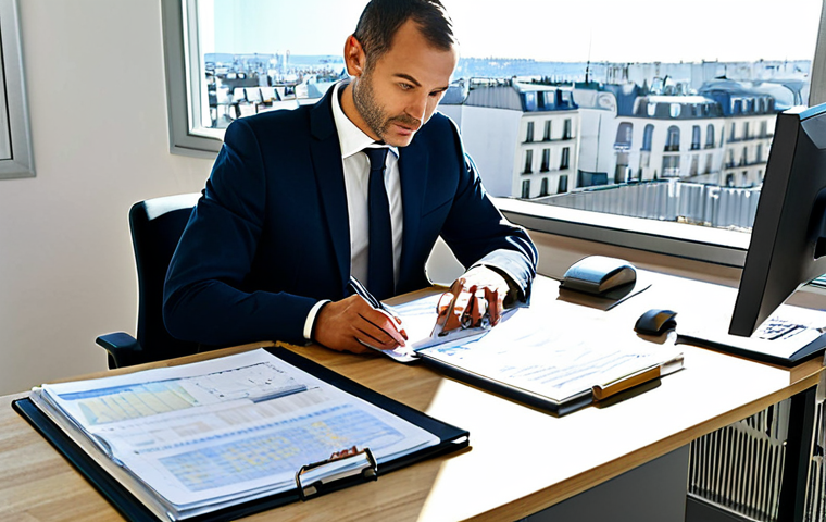 Modern Accounting Office**

"A bright and modern accounting office in Paris, France. A fully clothed, professional accountant wearing a stylish business suit is working at a computer, reviewing financial documents. Sunlight streams through a large window overlooking the city. The office is clean, organized, and features modern decor. Safe for work, appropriate content, perfect anatomy, natural proportions, professional, family-friendly. 'Expert Comptable' sign subtly visible. French currency (Euro) visible on the desk."

**