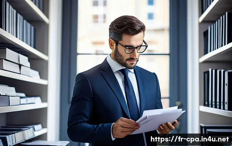 CPA 자격증 보유자 인기 분야 - A professional French CPA auditor in a modern office environment, wearing business attire and glasse...