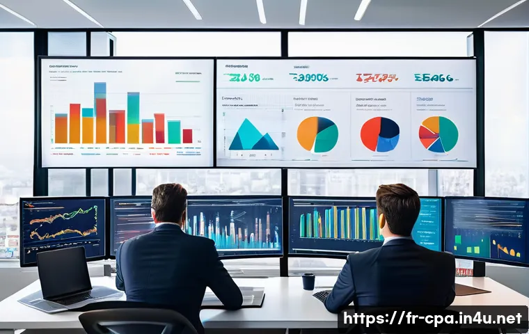 CPA와 기업 재무 분석 - A modern French office environment with a diverse group of professionals analyzing detailed financia...