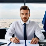 공인회계사와 회계 윤리 사례 - A professional French accountant in a modern office setting, dressed in formal business attire with ...