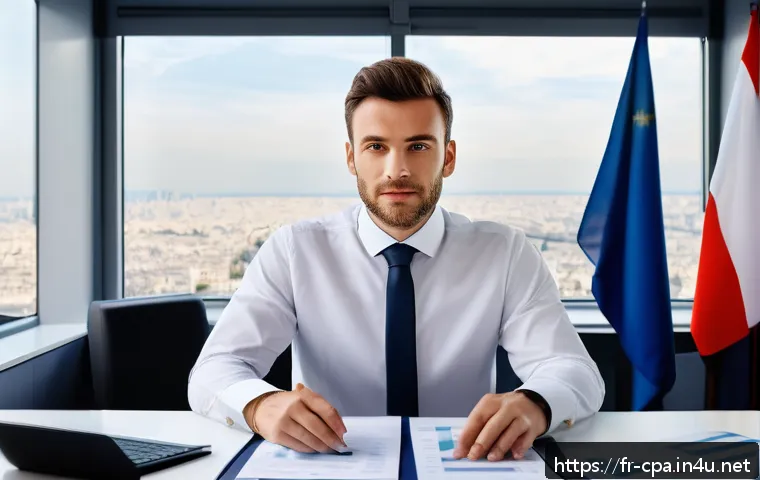 공인회계사와 회계 윤리 사례 - A professional French accountant in a modern office setting, dressed in formal business attire with ...
