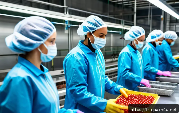 공인회계사와 산업별 감사 사례 - A detailed scene inside a modern agro-food production facility in France, showing diverse workers we...