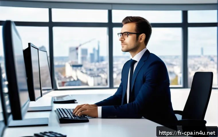 CPA 자격증으로 가능한 업종 - A professional French CPA candidate in a modern office environment, dressed in formal business attir...