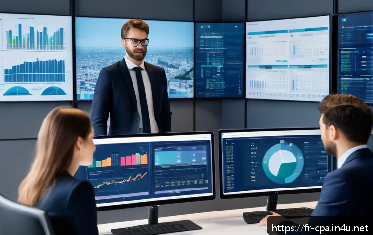 CPA와 IR 업무의 연결 - A modern French accounting office scene showcasing a diverse team of professionals using advanced AI...
