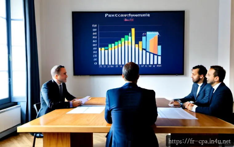 공인회계사와 경영진 자문 - Photorealistic Paris corporate boardroom, a French chartered accountant in a tailored navy suit advi...