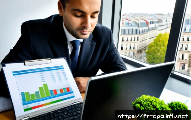 CPA와 ESG 감사 업무 - Photorealistic French CPA conducting an ESG audit in a bright Paris office, senior accountant review...