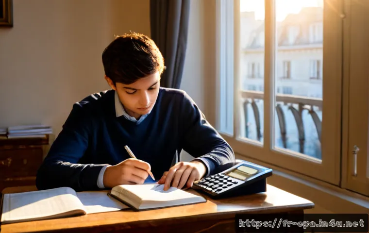 공인회계사 시험을 위한 동기 부여 - Photorealistic early-morning study scene in a quiet Paris apartment, determined young adult accounta...